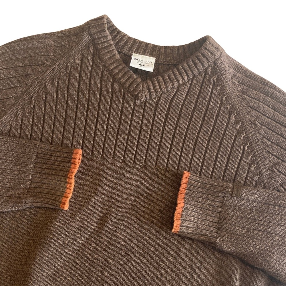 Columbia Mens Medium Brown 100% Cotton V-Neck Ribbed Knit Sweater 0207 AM 2548